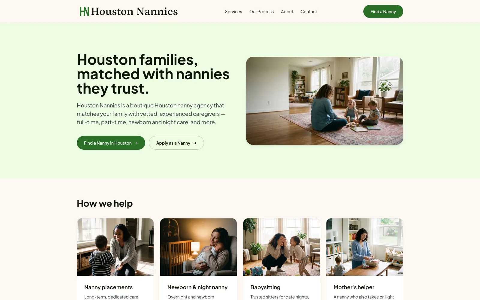 Houston Nannies homepage after the rebuild