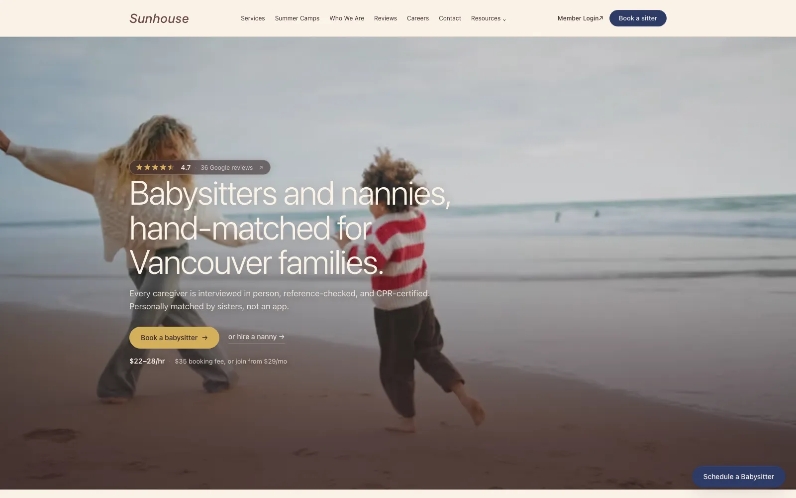 Sunhouse Babysitting homepage after the rebuild